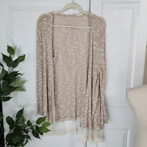 Beige Open-Front Cardigan with Lace Trim